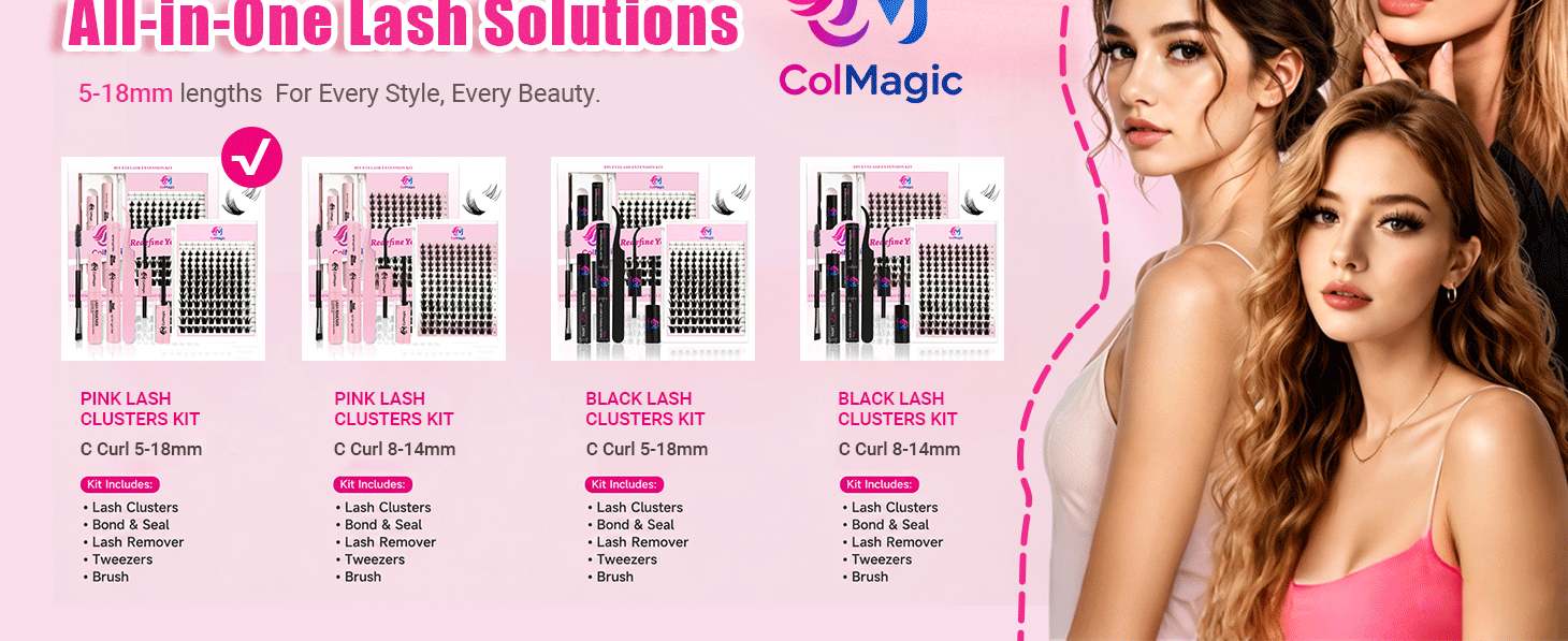 ColMagic Wispy Natural Bunny Lash Cluster Kit, D Curl 5–18mm, Pink DIY Set
