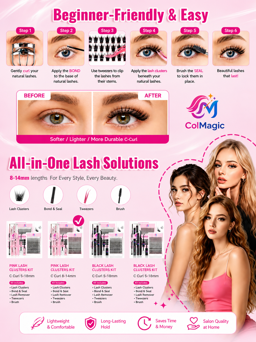 ColMagic Wispy Natural Bunny Lash Cluster Kit, D Curl 5–18mm, Pink DIY Set