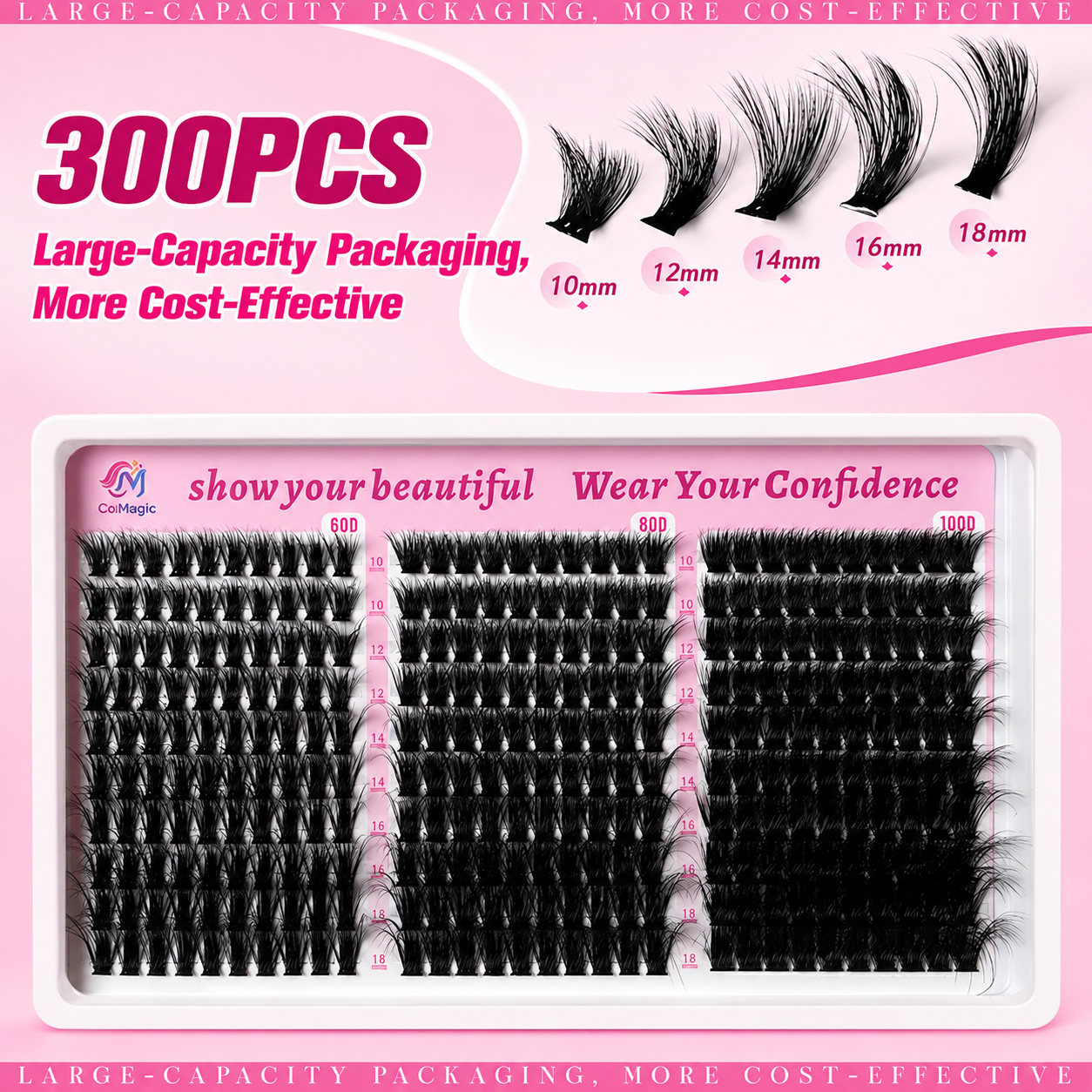 COLMAGIC Natural Volume Lash Clusters — 300PCS 60D/80D/100D Mixed Volume · 10–18mm · Soft Invisible Band