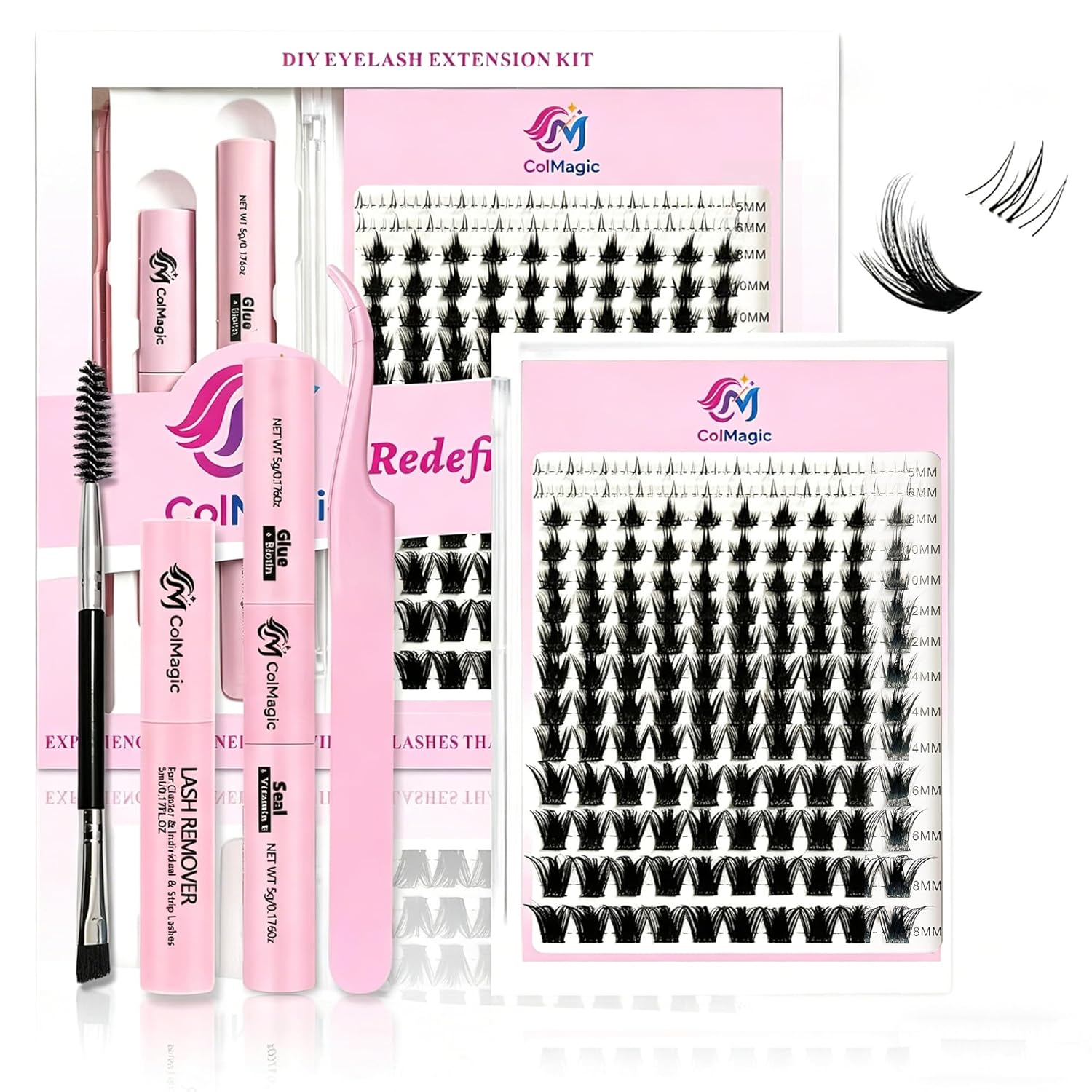ColMagic Wispy Natural Bunny Lash Cluster Kit, D Curl 5–18mm, Pink DIY Set