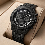 Hot selling starry diamond men watch calendar three eye chronograph hip hop style stainless steel waterproof quartz watch