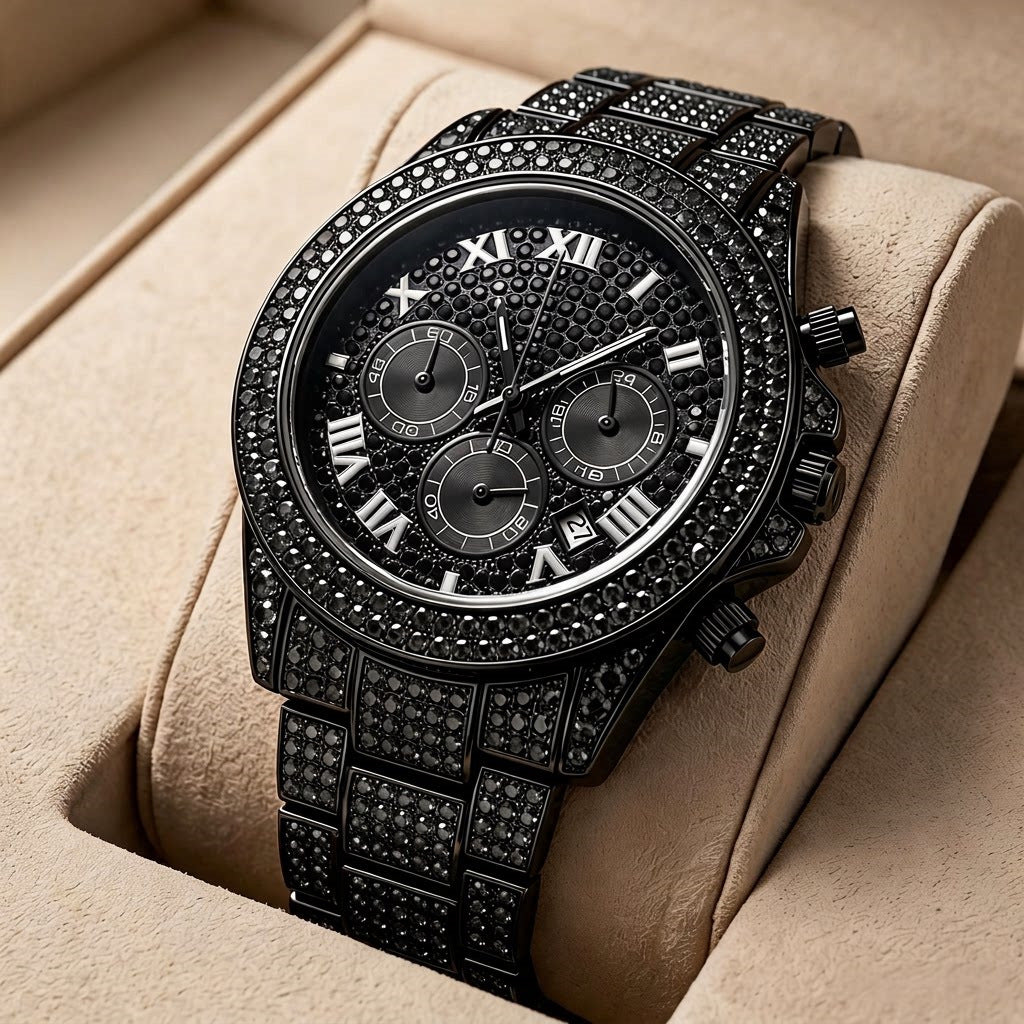 Hot selling starry diamond men watch calendar three eye chronograph hip hop style stainless steel waterproof quartz watch