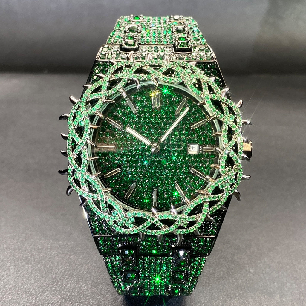 Green Diamond Hip Hop Men Watch Unique Thorn Dial Zircon Inlaid Big Case Luxury
