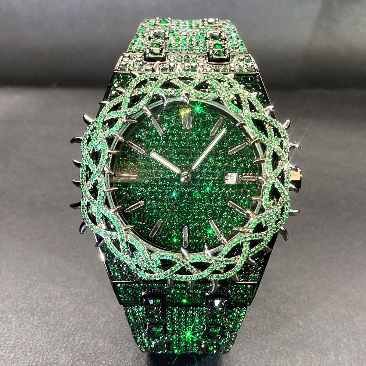 Green Diamond Hip Hop Men Watch Unique Thorn Dial Zircon Inlaid Big Case Luxury