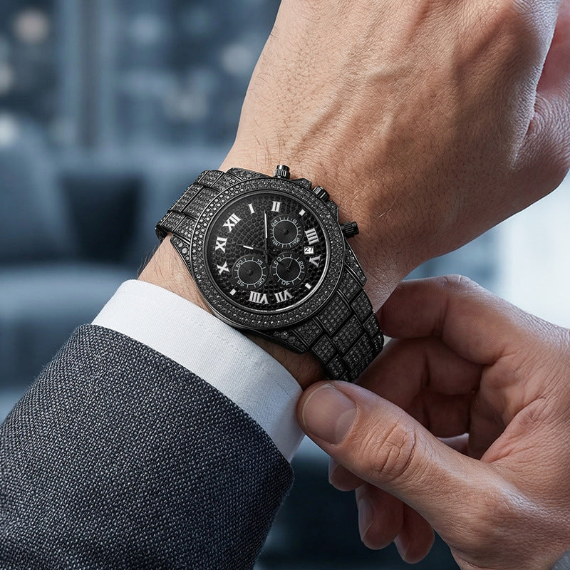 Hot selling starry diamond men watch calendar three eye chronograph hip hop style stainless steel waterproof quartz watch
