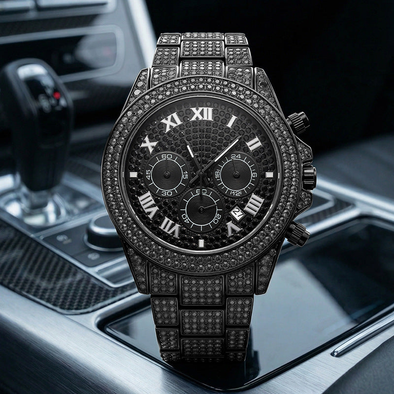 Hot selling starry diamond men watch calendar three eye chronograph hip hop style stainless steel waterproof quartz watch