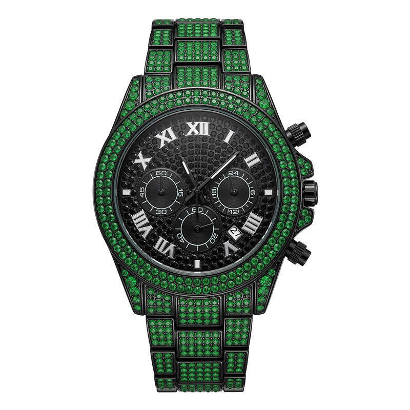 Hot selling starry diamond men watch calendar three eye chronograph hip hop style stainless steel waterproof quartz watch