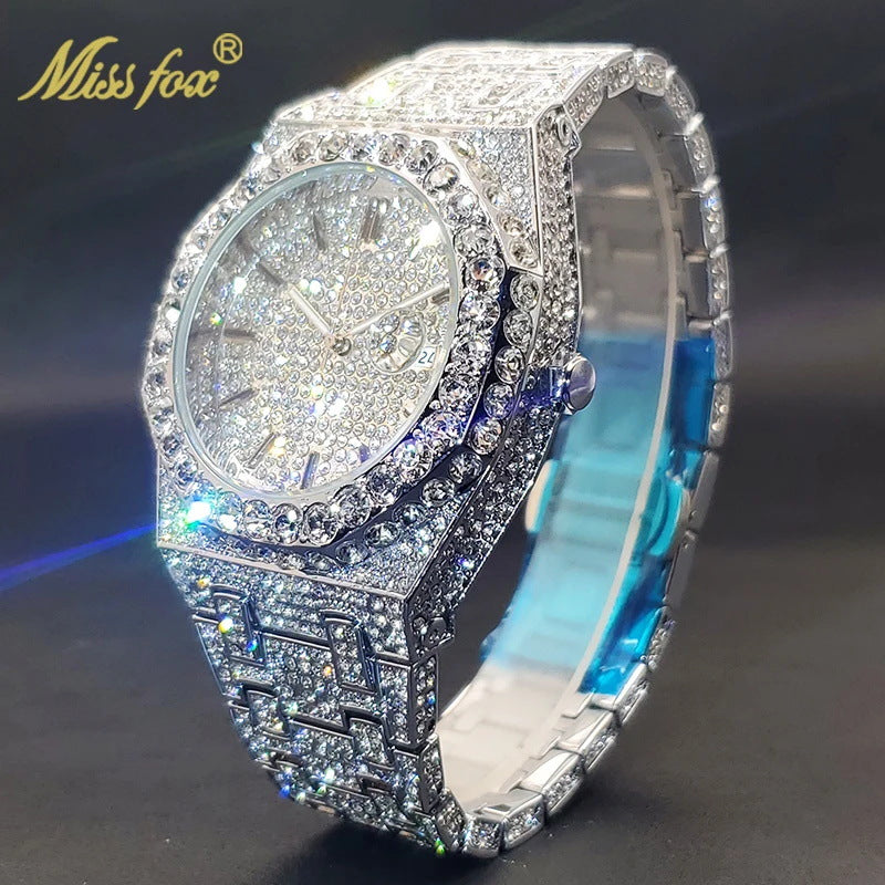 MIAAFOX Hip Hop Rhinestone Watch Men Fashion Calendar Quartz Large Dial Luminous Stainless Steel Luxury Wristwatch