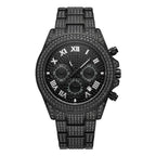 Hot selling starry diamond men watch calendar three eye chronograph hip hop style stainless steel waterproof quartz watch