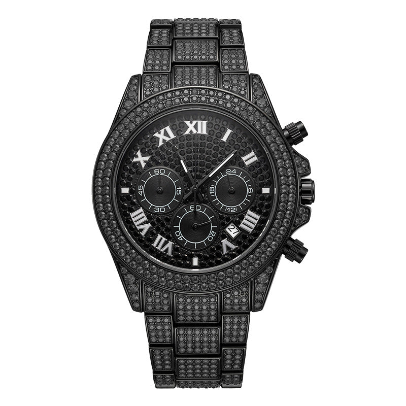 Hot selling starry diamond men watch calendar three eye chronograph hip hop style stainless steel waterproof quartz watch