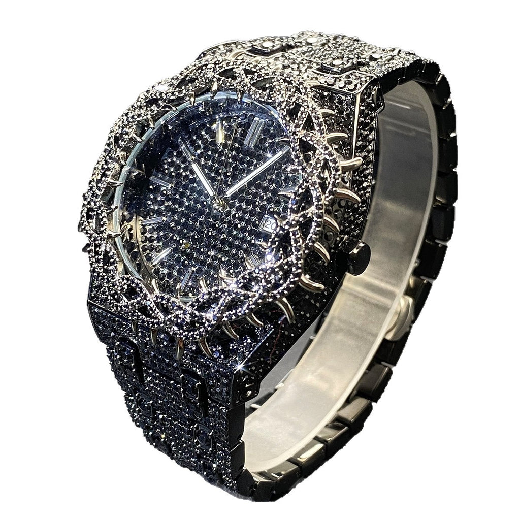 Green Diamond Hip Hop Men Watch Unique Thorn Dial Zircon Inlaid Big Case Luxury