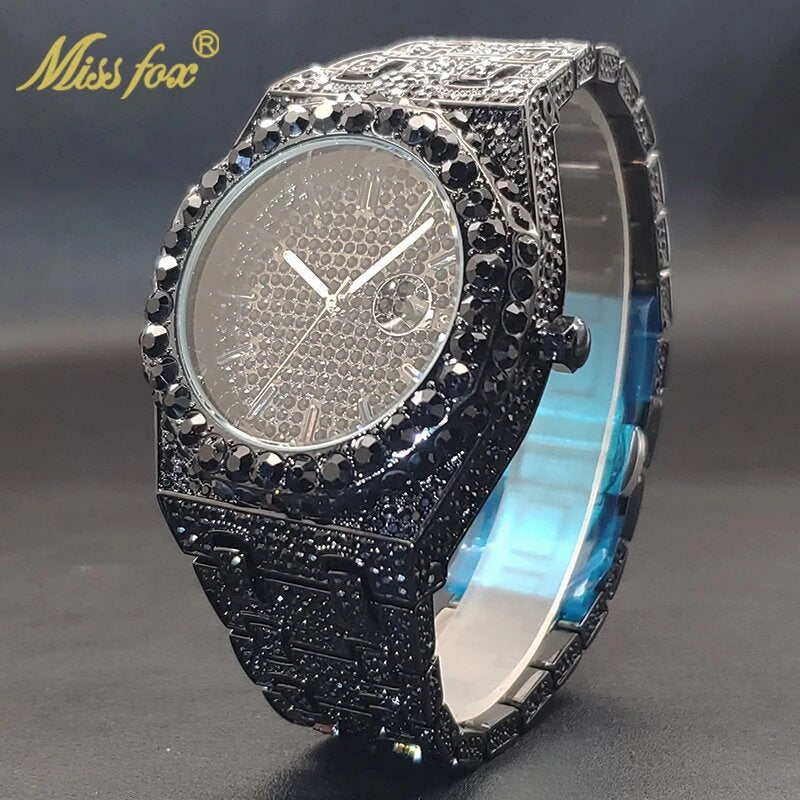 MIAAFOX Hip Hop Rhinestone Watch Men Fashion Calendar Quartz Large Dial Luminous Stainless Steel Luxury Wristwatch