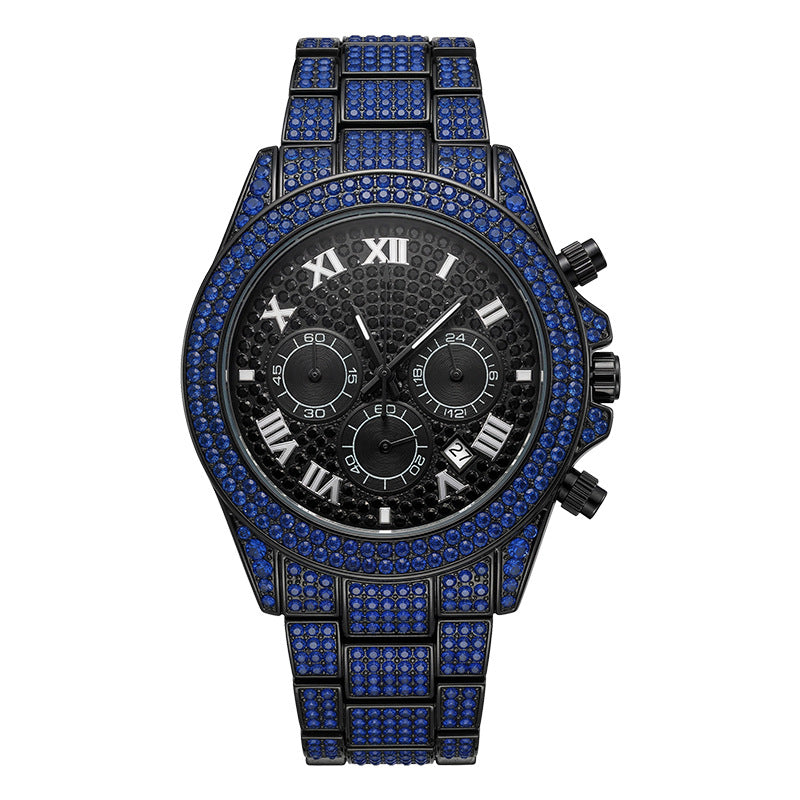 Hot selling starry diamond men watch calendar three eye chronograph hip hop style stainless steel waterproof quartz watch