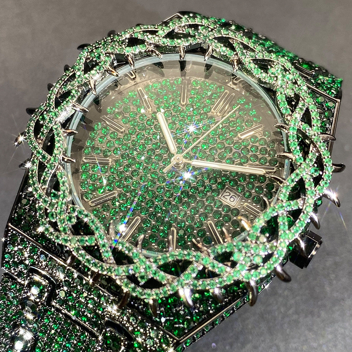 Green Diamond Hip Hop Men Watch Unique Thorn Dial Zircon Inlaid Big Case Luxury