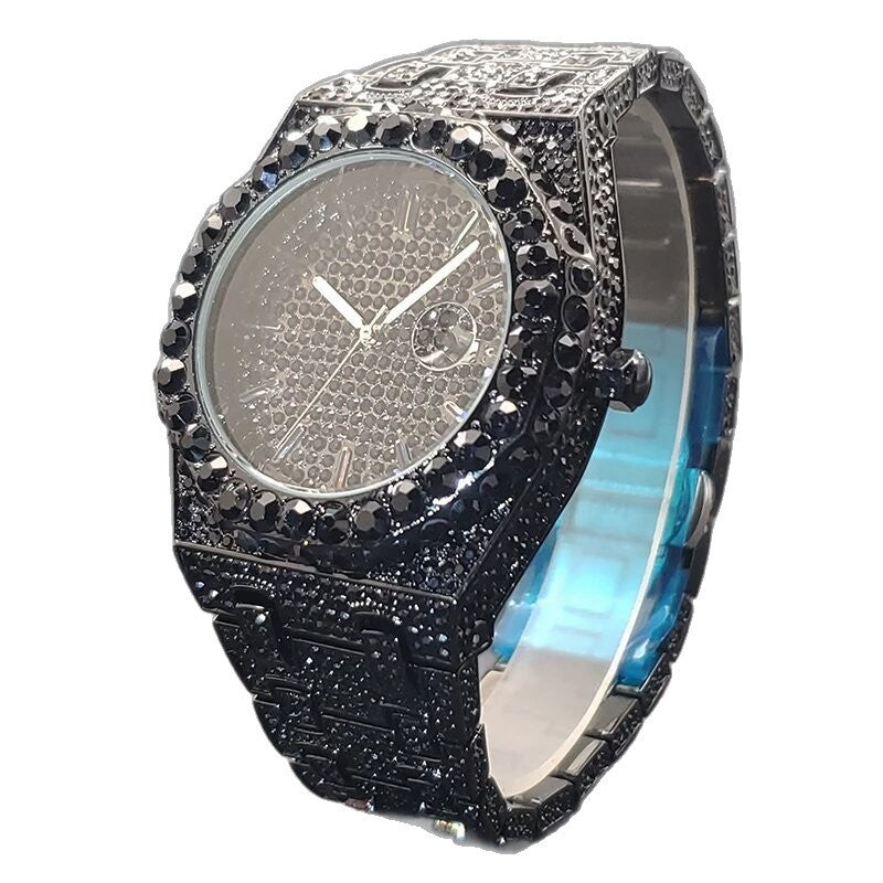 MIAAFOX Hip Hop Rhinestone Watch Men Fashion Calendar Quartz Large Dial Luminous Stainless Steel Luxury Wristwatch