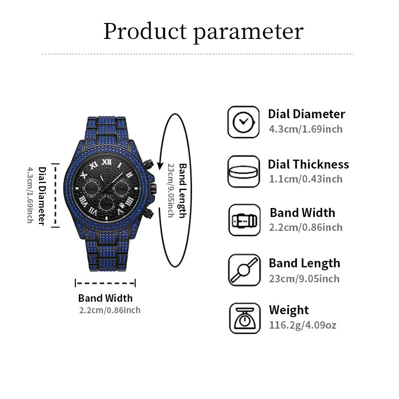 Hot selling starry diamond men watch calendar three eye chronograph hip hop style stainless steel waterproof quartz watch