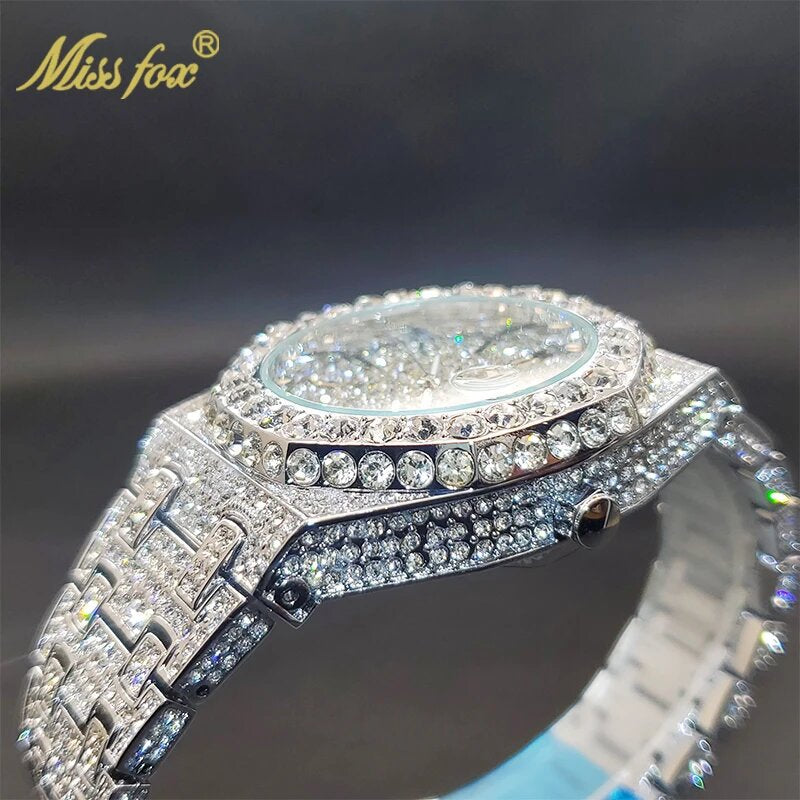MIAAFOX Hip Hop Rhinestone Watch Men Fashion Calendar Quartz Large Dial Luminous Stainless Steel Luxury Wristwatch