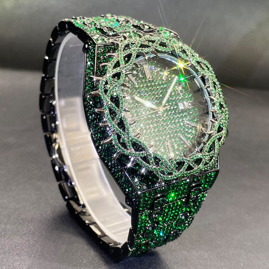 Green Diamond Hip Hop Men Watch Unique Thorn Dial Zircon Inlaid Big Case Luxury