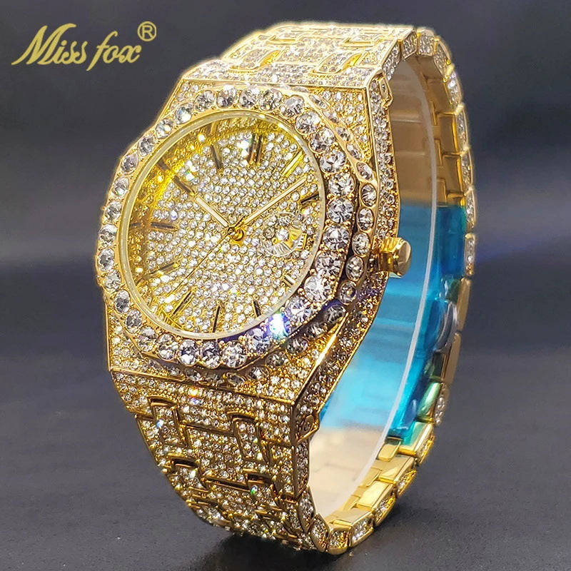 MIAAFOX Hip Hop Rhinestone Watch Men Fashion Calendar Quartz Large Dial Luminous Stainless Steel Luxury Wristwatch