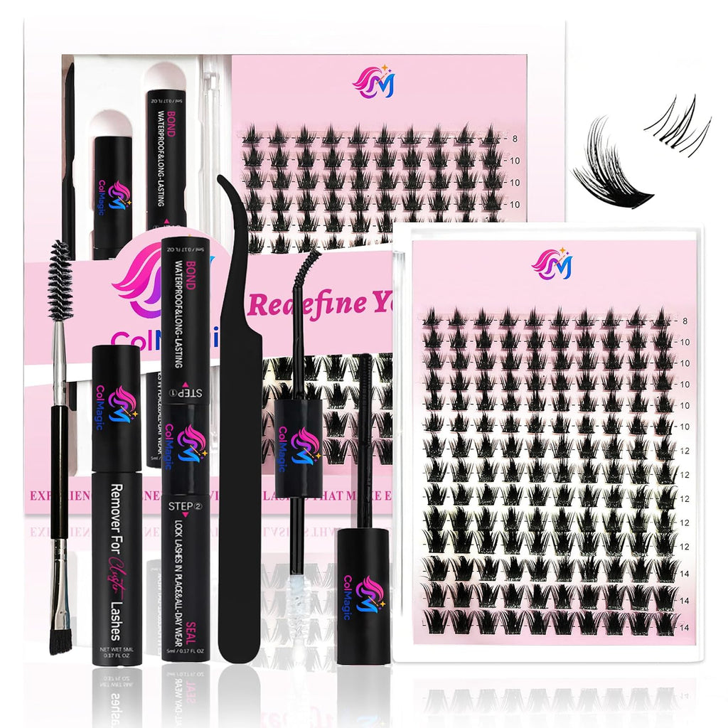 Lash Clusters Kit, 8-14mm Natural Wispy C-Cluster Lashes with Bond & Seal, Remover, Tweezer, DIY False Lash Extension Kit for Beginners, Black 140 Pcs