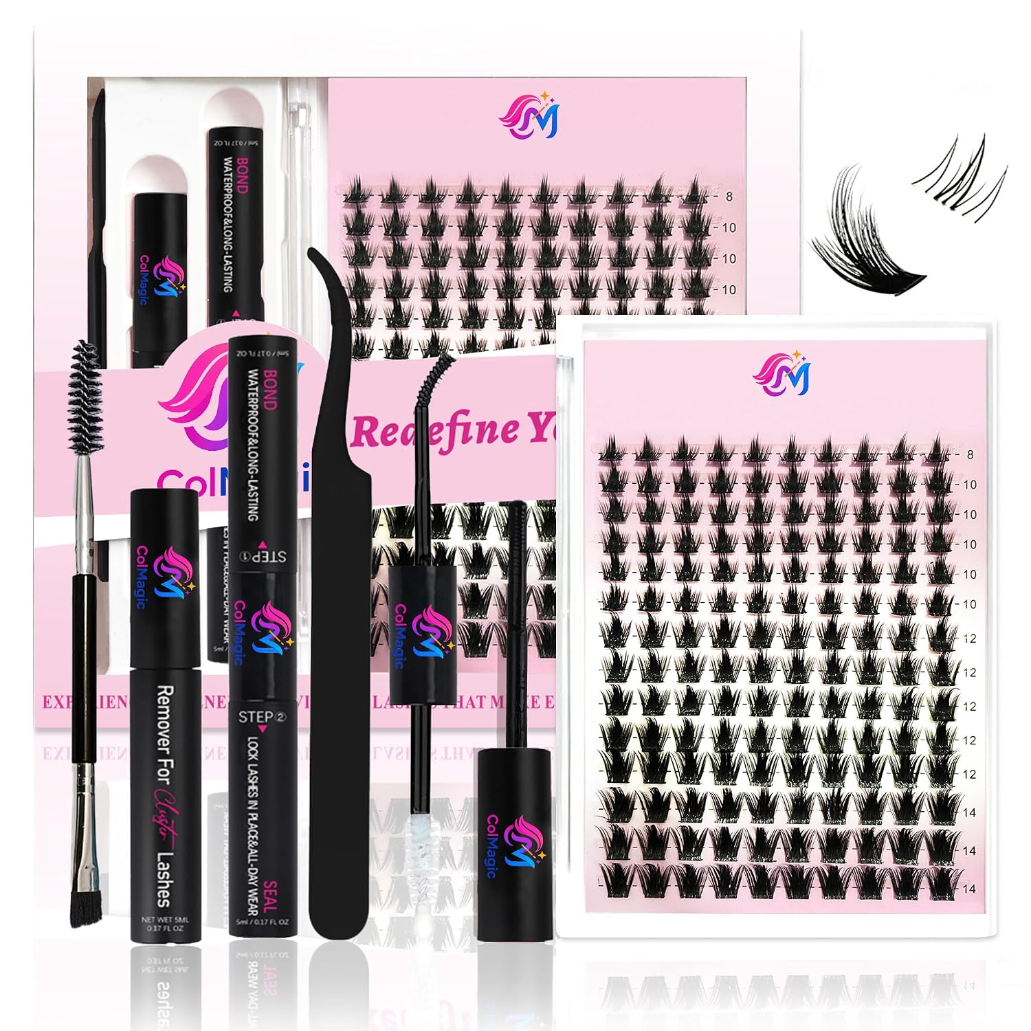 Lash Clusters Kit, 8-14mm Natural Wispy C-Cluster Lashes with Bond & Seal, Remover, Tweezer, DIY False Lash Extension Kit for Beginners, Black 140 Pcs