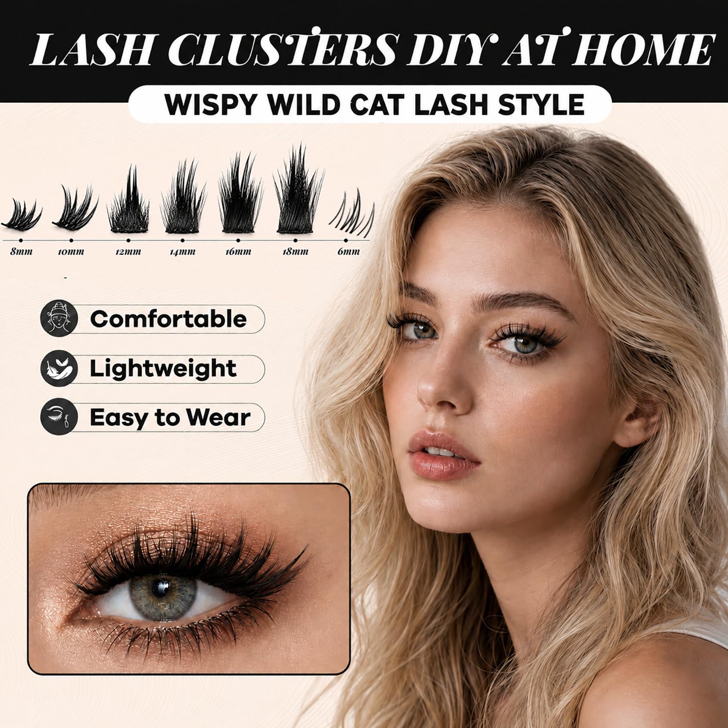 Lash Clusters Kit, 8-14mm Natural Wispy C-Cluster Lashes with Bond & Seal, Remover, Tweezer, DIY False Lash Extension Kit for Beginners, Black 140 Pcs